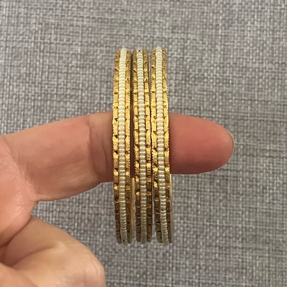 Gold Tone Beaded Bangles (set of 3) – Stackable Boho Chic Bracelets - Picture 3 of 4
